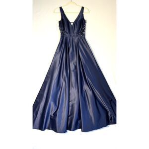1020 Size 3 navy City Studio satin a line gown with floral cut outs v neck